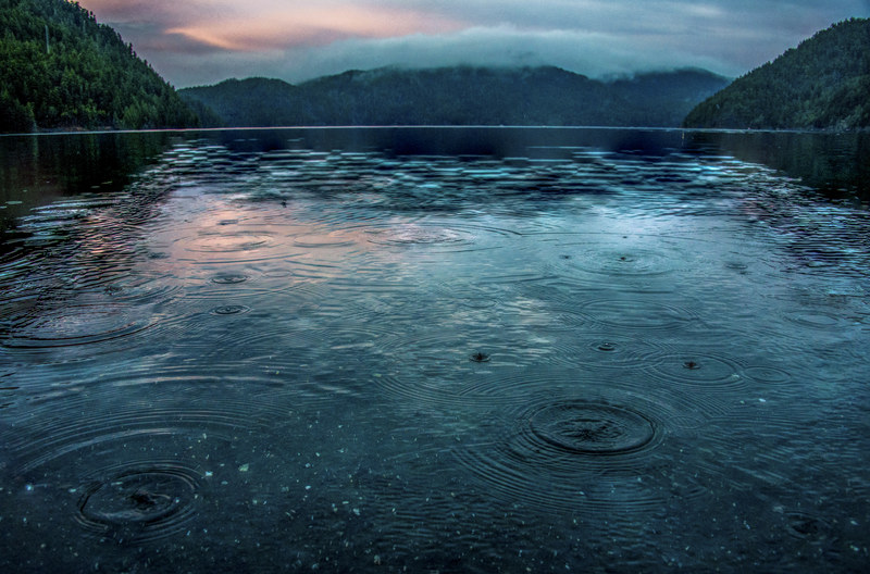 Rain circles spreading across a dark mountain lake at dusk with forested peaks in background
